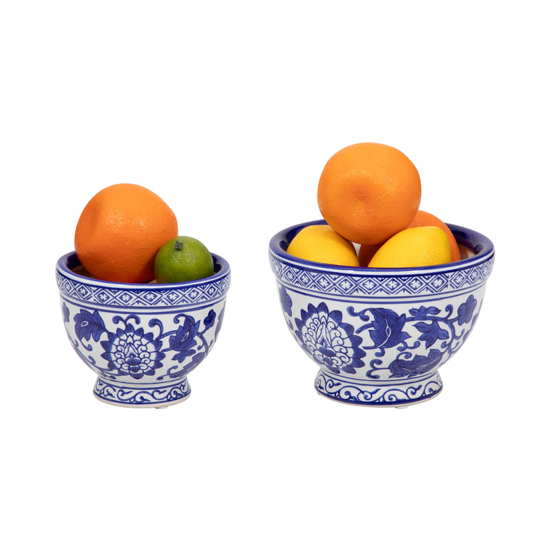 Cer, S/2 5/7 Bowl Chinoiserie Planters, Blue/wht