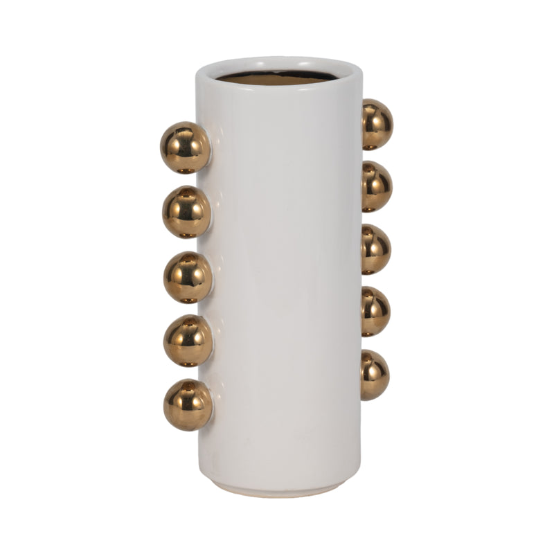 Cer, 10 Vase W/ Side Knobs, White/gold