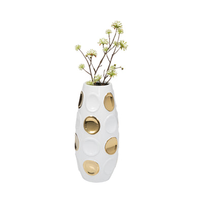 Stoneware, 17 Circle Embossed Vase, White/gold