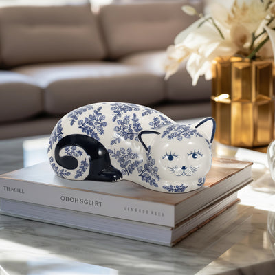 CER, 9 SLEEPING CHINOISERIE CAT, BLUE/WHITE