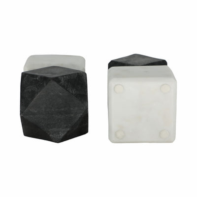 S/2 6 Marble Bookends W/ Black Hex Orb, Black/whi