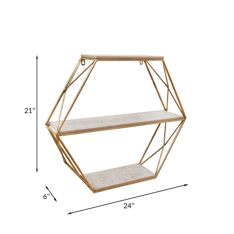 METAL / WOOD 3 TIER HEXAGON WALL SHELF, GOLD