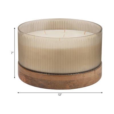 12 183 Oz Glass Candle W/ Wood Base, Ivory