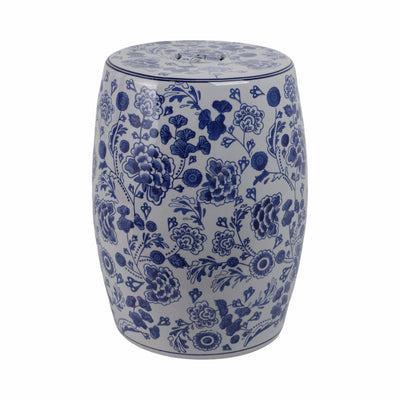 Cer, 18 Hydrangea Chinoiserie Stool, Blue/white