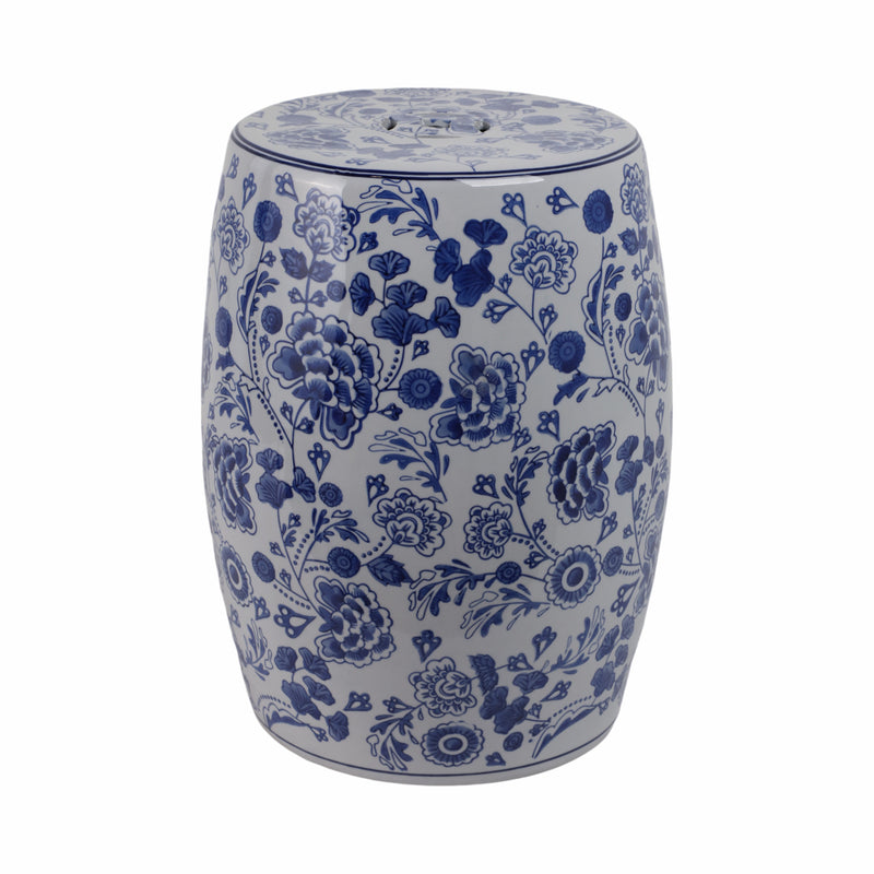 Cer, 18 Hydrangea Chinoiserie Stool, Blue/white