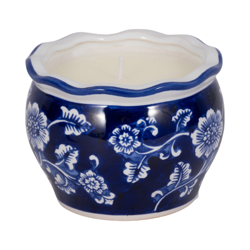 4, 7oz Round Chinoiserie Candle , Blue/white