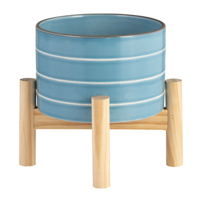 6 STRIPED PLANTER W/ WOOD STAND, SKYBLUE