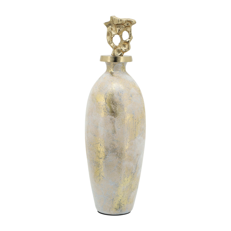 GLASS, 23H METAL VASE TRIBAL TOPPER,  WHITE/GOLD