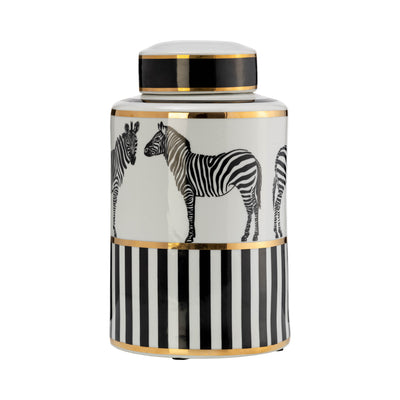 CER, 12H ZEBRA JAR W/ LID, WHITE/GOLD