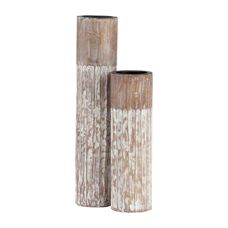 Wood, 14H 2-Tone Textured Candle Holder, Brown