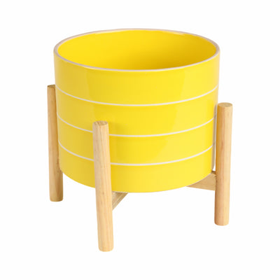 8 STRIPED PLANTER W/ WOOD STAND, YELLOW