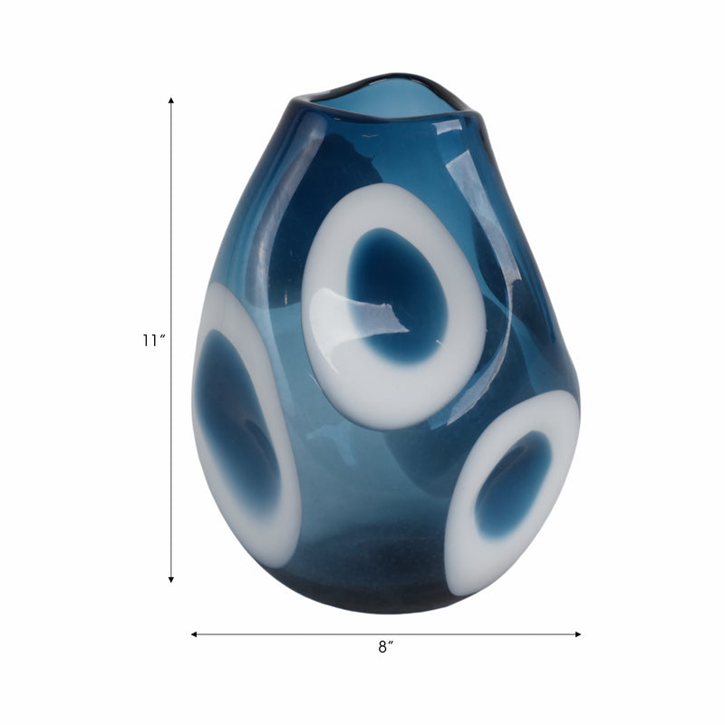 11x8 Curvy Polka Dot Glass Vase, Blue/white