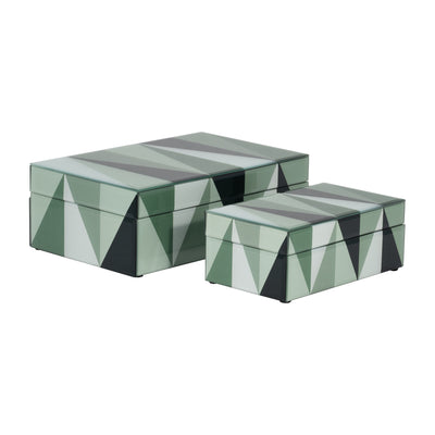 GLASS, S/2 8/11 TRIANGLES BOXES, GREEN/WHITE