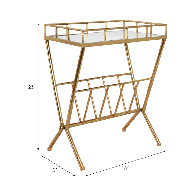 Metal & Glass Magazine Rack Accent Table, Gold