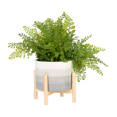 8 CERAMIC PLANTER W/ WOOD STAND, BEIGE MIX