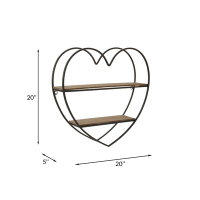 METAL/WOOD 2 TIER HEART WALL SHELF, NATURAL/BLACK