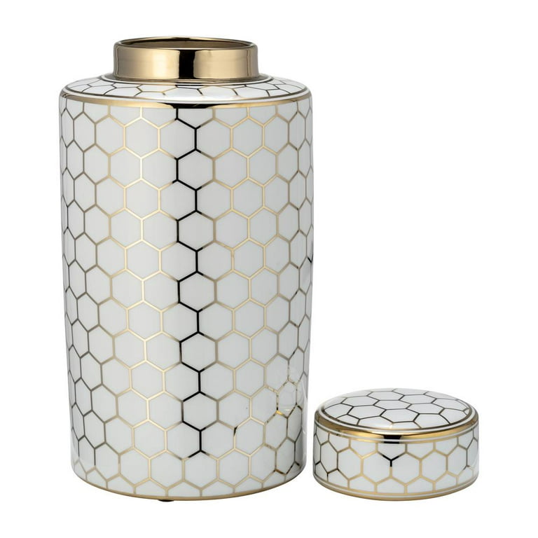 CER, 16 HONEYCOMB JAR W/ LID, GOLD