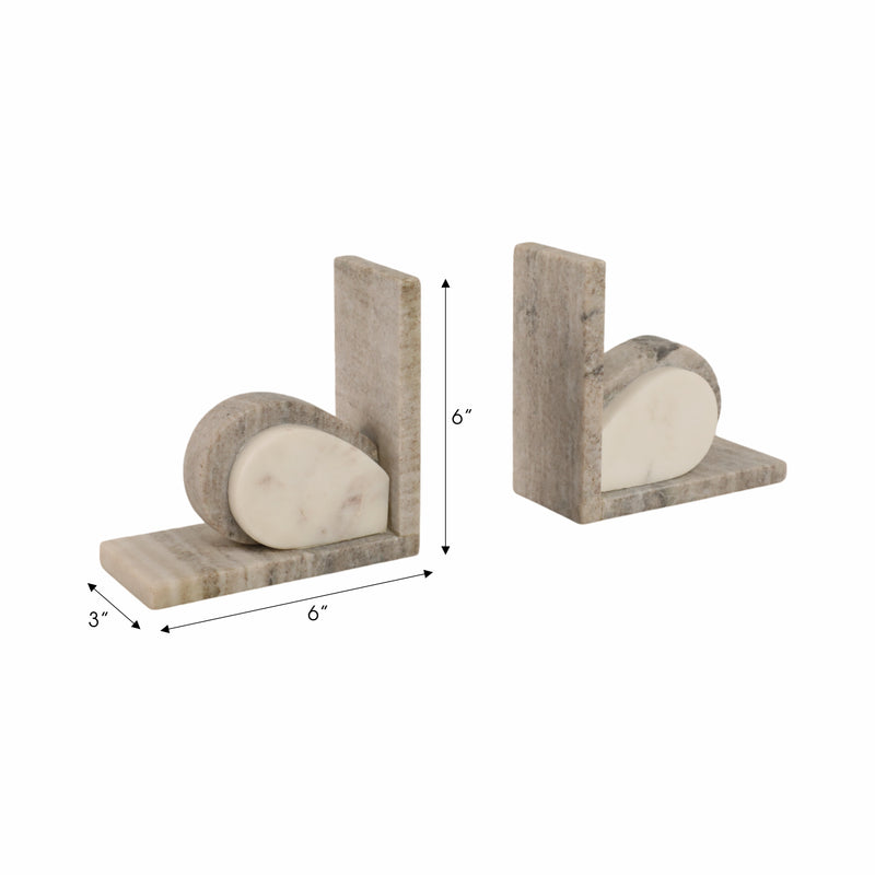 S/2 6 Eared Onyx & White Marble Bookends, Beige