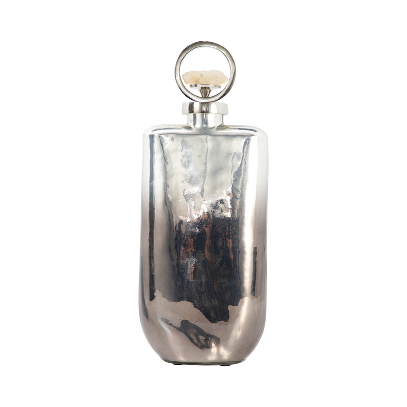 GLASS, 16 METALLIC BOTTLE W/ STONE TOP, SILVER