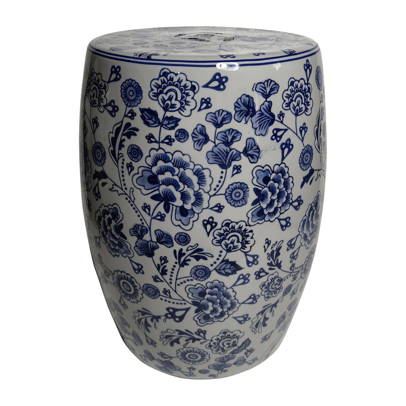 Cer, 18 Hydrangea Chinoiserie Stool, Blue/white