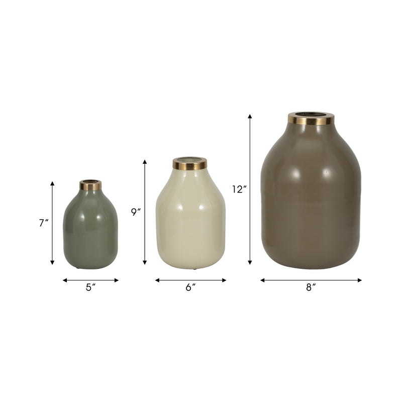 S/3 7/9/12 Jefford Metal Bottle Vases, Green