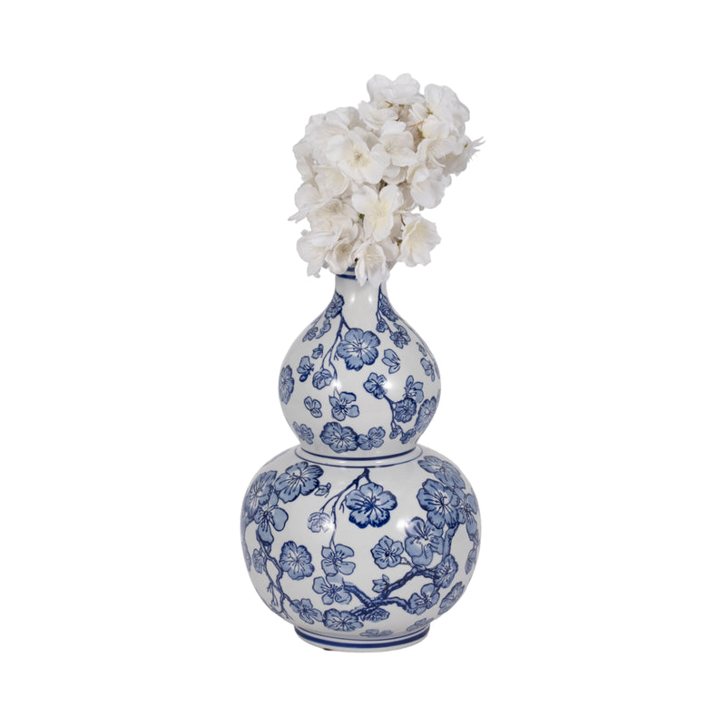 13 CHERRY BLOSSOM CHINOISERIE GOURD VASE, BLUE/WH