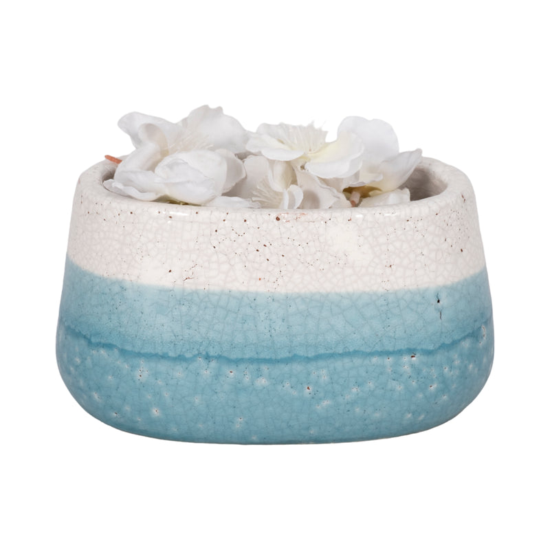 7 Oval Reactive Crackle Finish Planter, Blue/whit