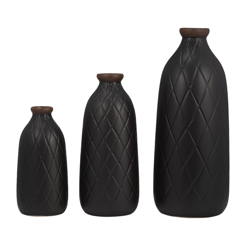 CER, 16 PLAID TEXTURED VASE, BLACK