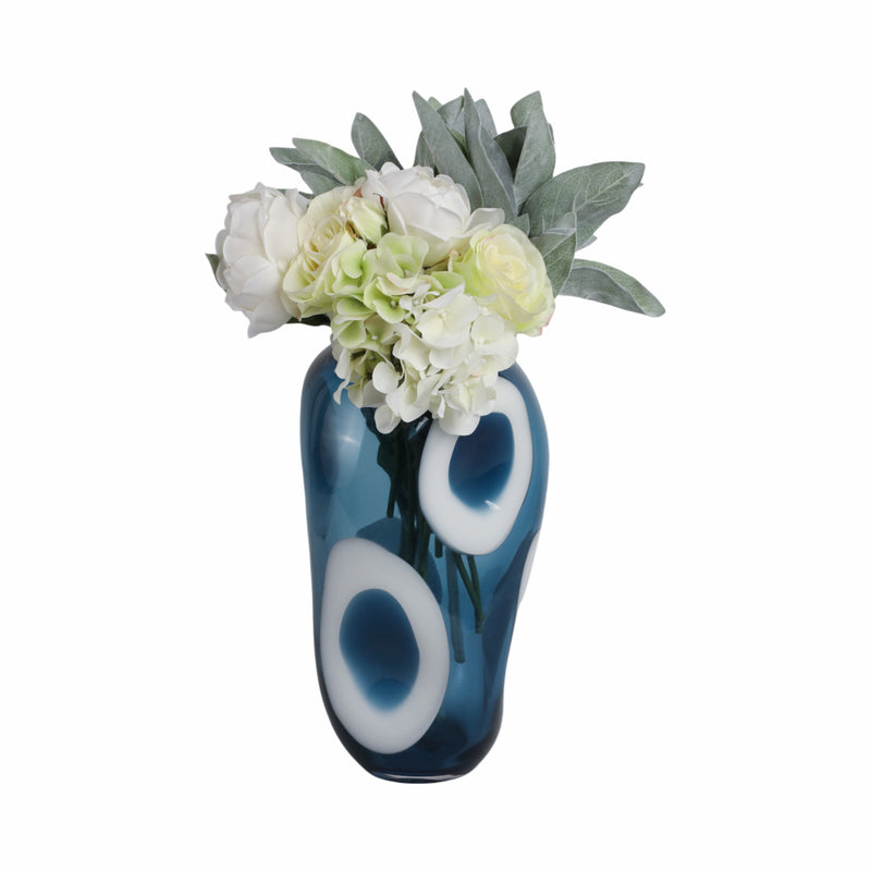 14x8 Curvy Polka Dot Glass Vase, Blue/white