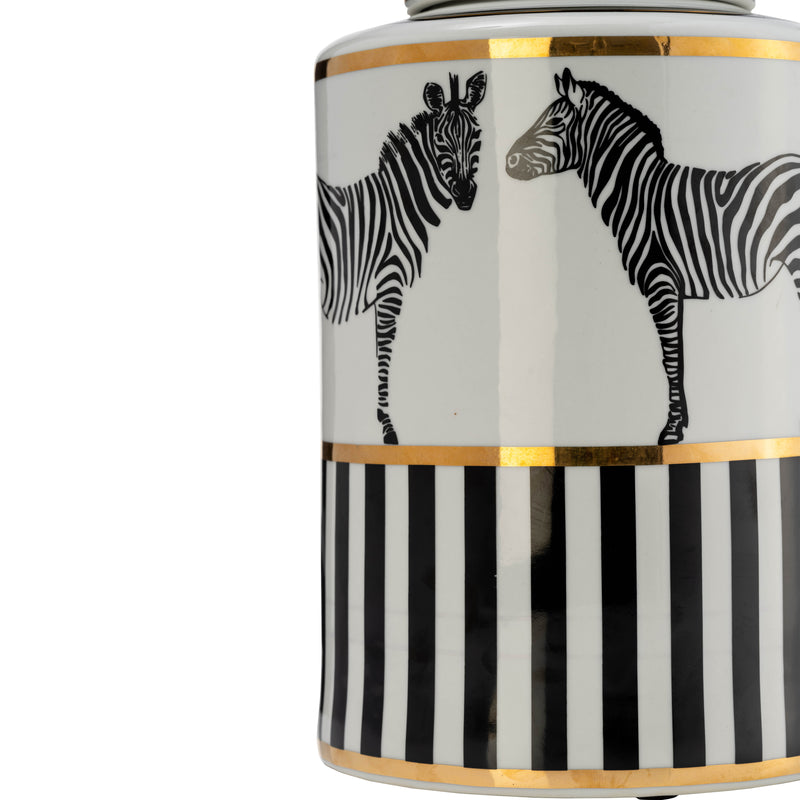 CER, 12H ZEBRA JAR W/ LID, WHITE/GOLD