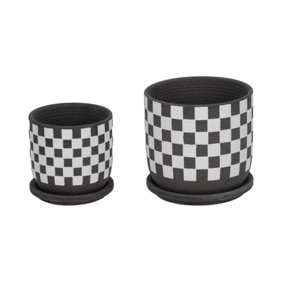 S/2 5/6 Checkerboard Saucer Planters, Black/white