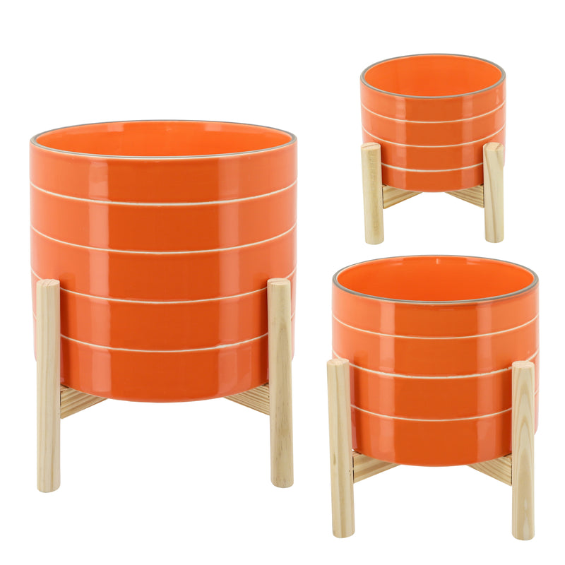 10 STRIPED PLANTER W/ WOOD STAND, ORANGE