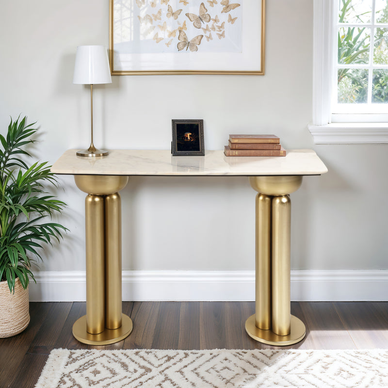 Metal, 42 Marble Top Console, Gold/white