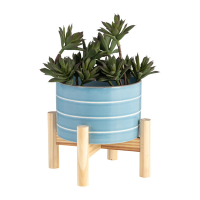 6 STRIPED PLANTER W/ WOOD STAND, SKYBLUE