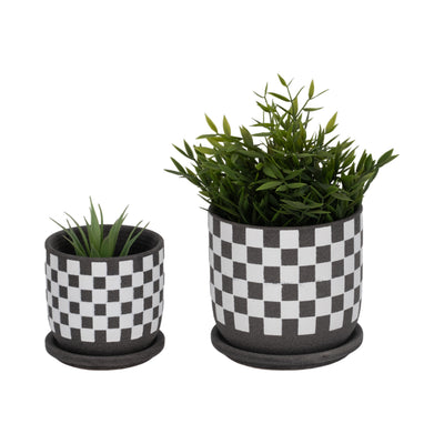 S/2 5/6 Checkerboard Saucer Planters, Black/white