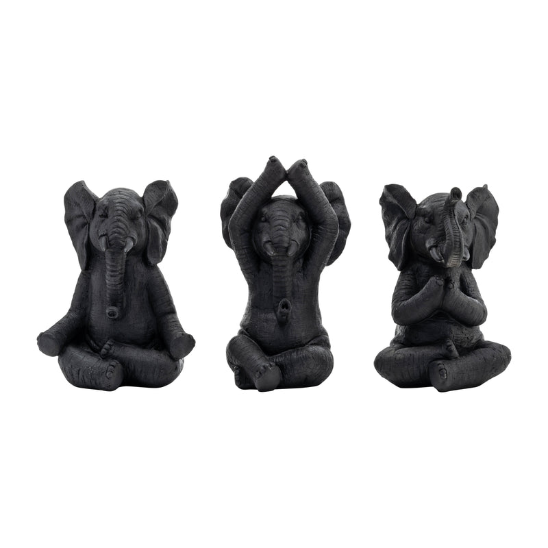 RESIN, S/3, 8H, YOGA ELEPHANTS, BLK