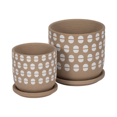 S/2 5/6 Hand Stamped Saucer Planters, Tan/white