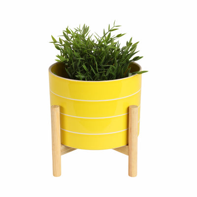 8 STRIPED PLANTER W/ WOOD STAND, YELLOW