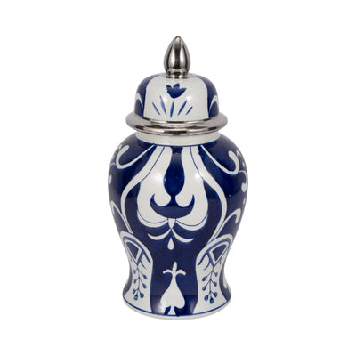 EC CER,14 WHITE/BLUE TEMPLE JAR, SILVER