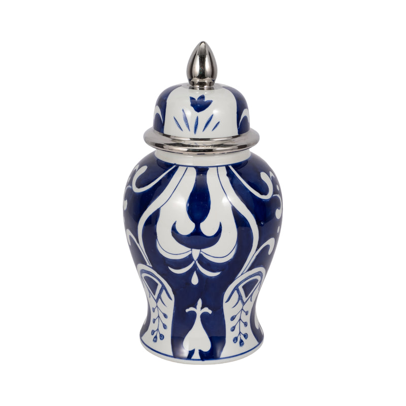 EC CER,14 WHITE/BLUE TEMPLE JAR, SILVER