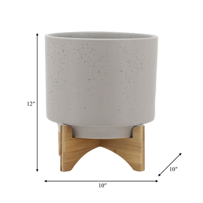 10 PLANTER W/ WOOD STAND, MATTE BEIGE