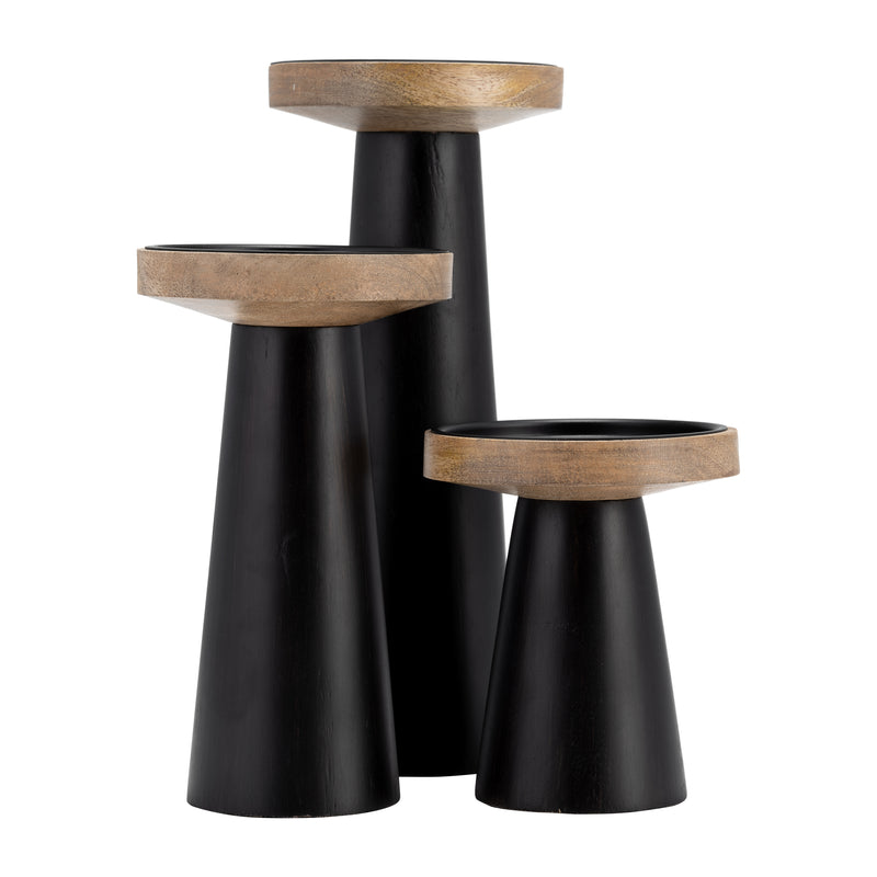 Wood, 12 Flat Candle Holder Stand, Black/Natural