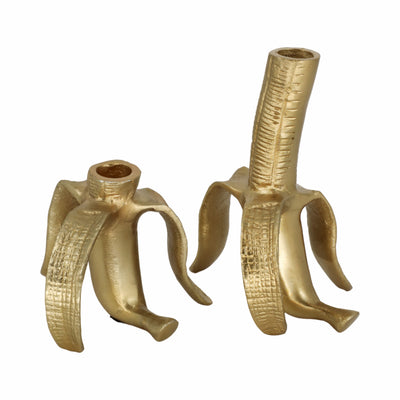 Metal, S/2 6 Banana Taper Candle Holders, Gold