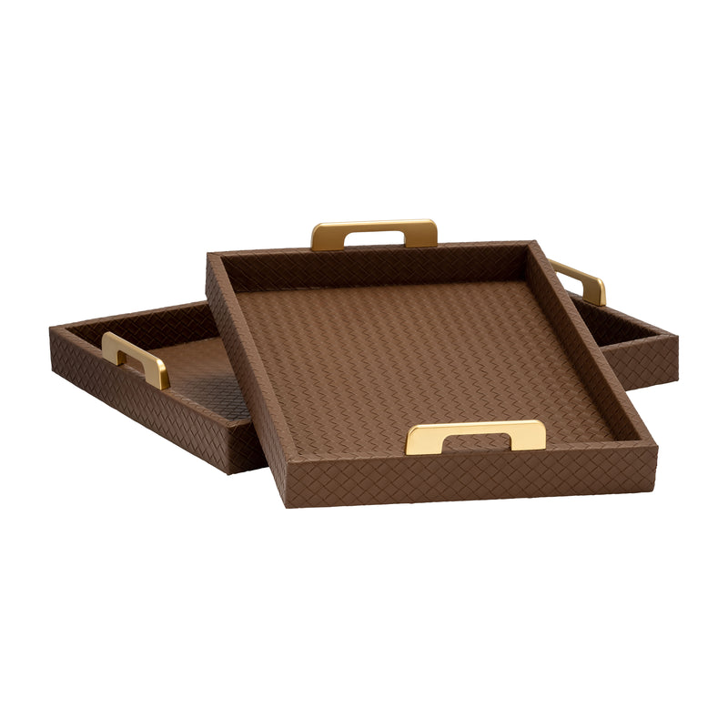 S/2 16/18L FAUX LEATHER WEAVE TRAYS, COGNAC