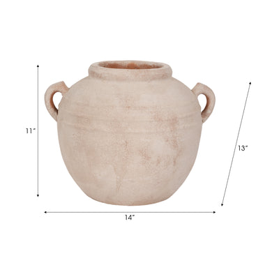 15 Round Weathered Terracotta Vase, White/natural