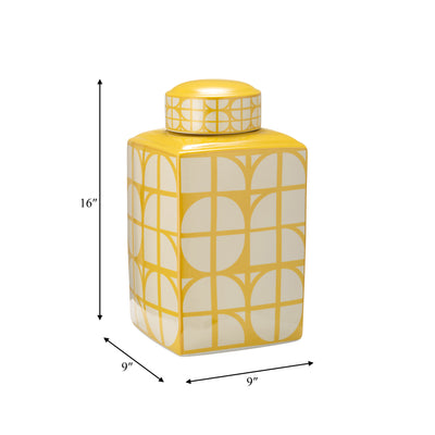 CER, 16H SQUARE JAR W/ LID, YELLOW/COTTON