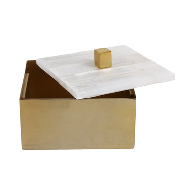 6 Square Selenite Top Box, White/gold