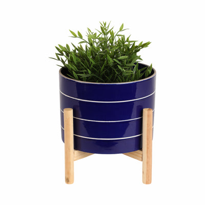 8 STRIPED PLANTER W/ WOOD STAND, NAVY