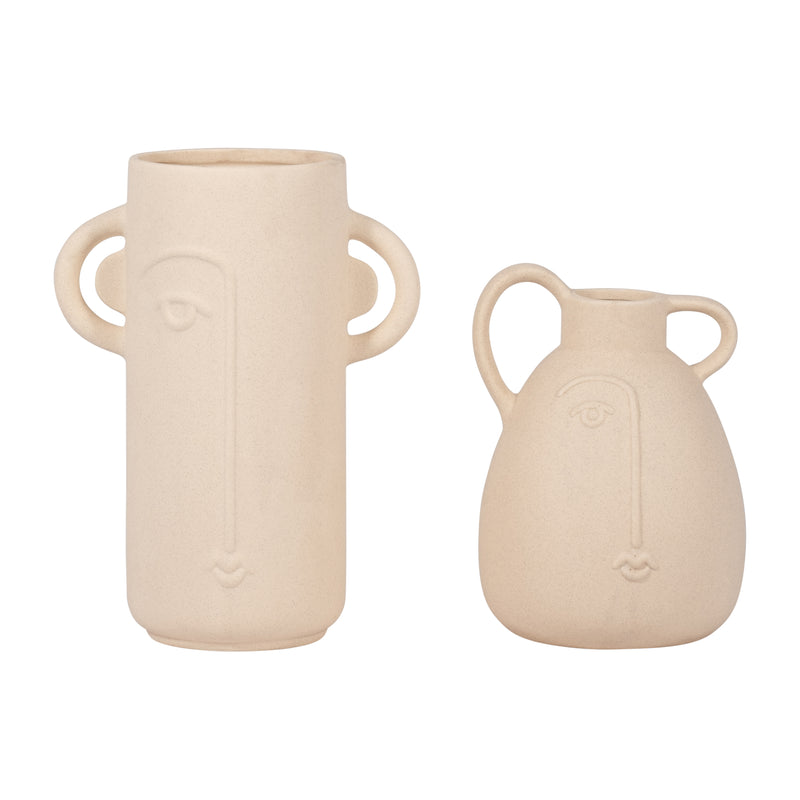 Cer, 10 Face Vase W/ Handles, Ivory