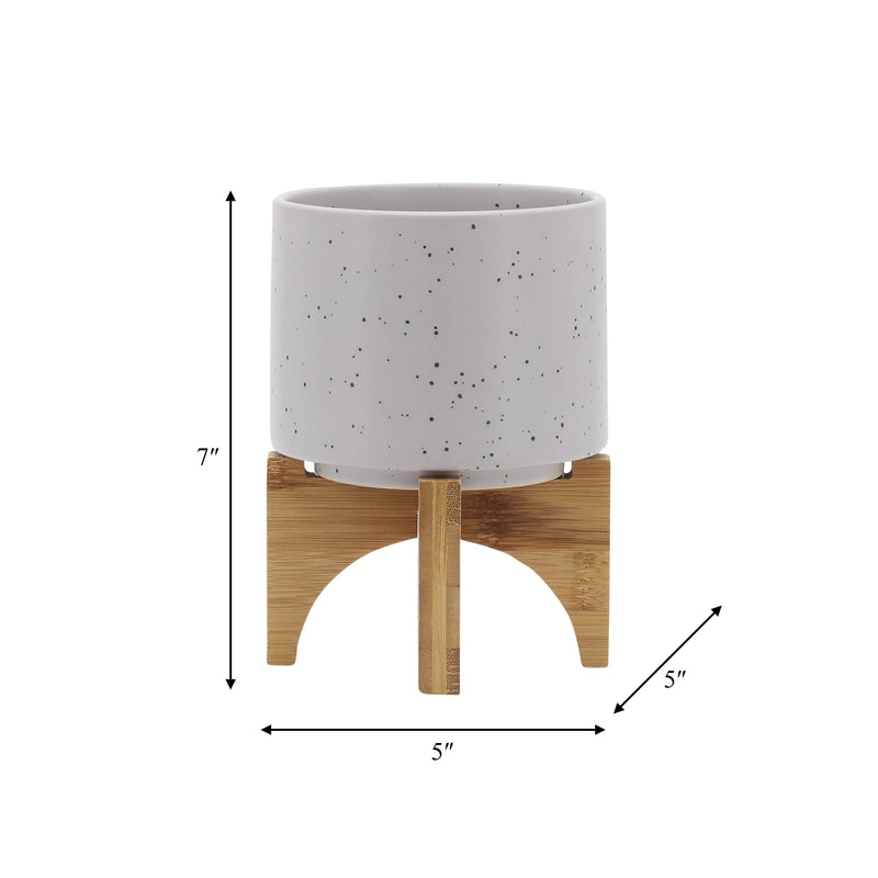 5 PLANTER W/ WOOD STAND, MATTE BEIGE